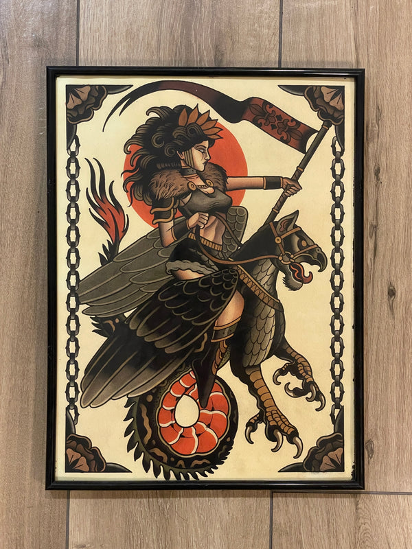 Illustration of a mythological warrior woman riding a griffin, framed print on watercolor paper