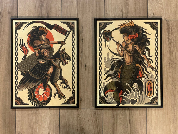 Two framed fantasy art prints with mythological women, printed on textured watercolor paper.