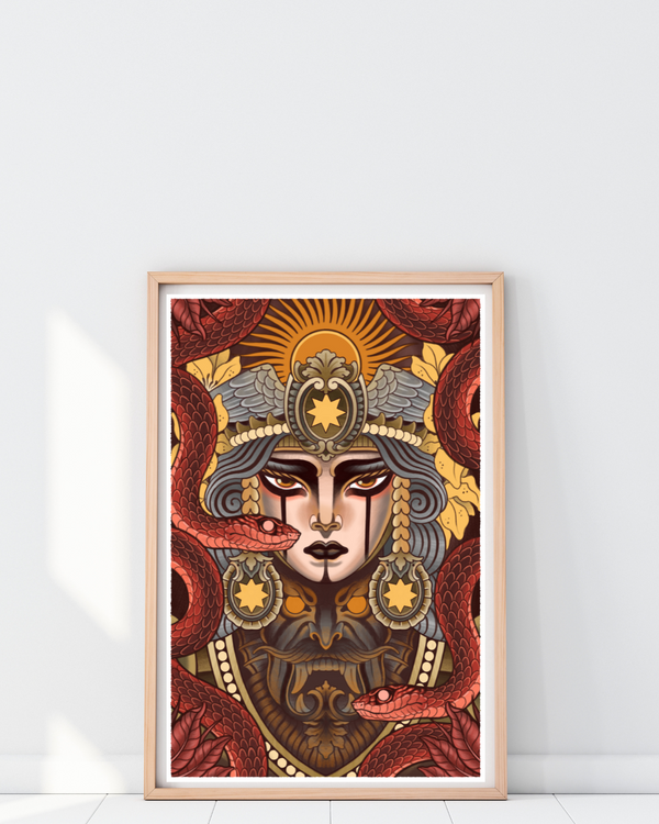 Framed Costa Rica digital print – striking woman with red snakes and golden details, fine art print on cotton paper.