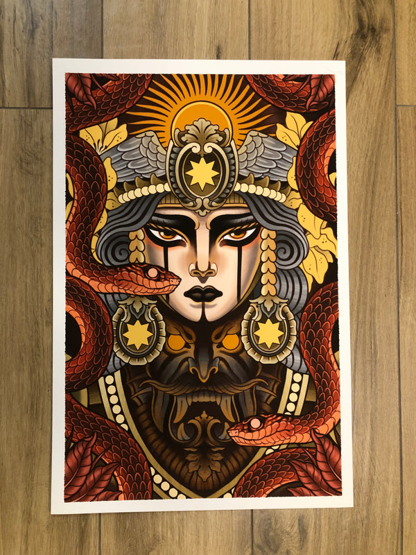 Costa Rica art print, mythological woman surrounded by serpents, printed on high-quality watercolor paper.
