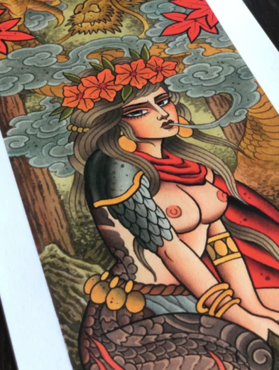 Close-up of watercolor textured paper on Toni Donaire’s art print