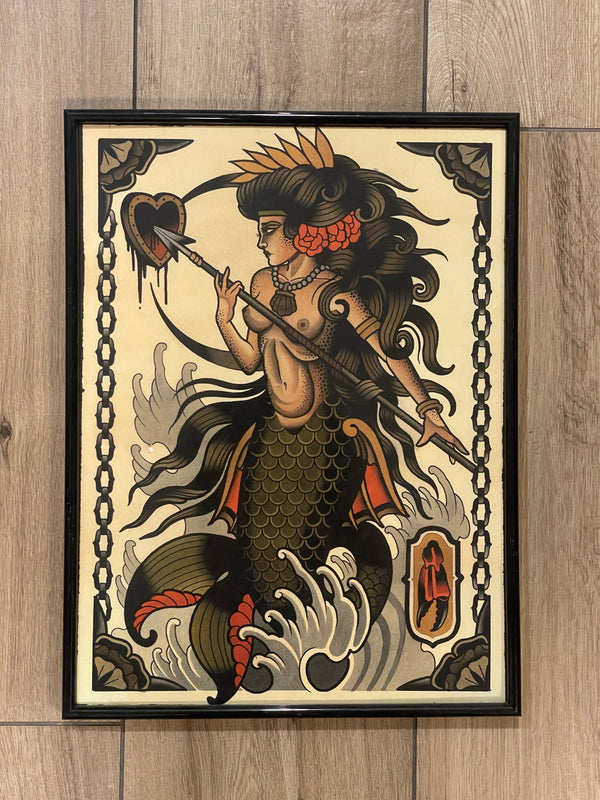 Illustration of a mythical mermaid, with a trident, framed print on watercolor paper