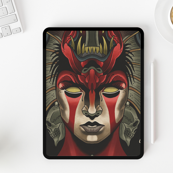 Girl and Demon art print displayed on an iPad screen.