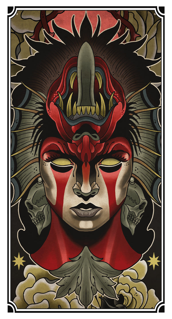 Girl & Demon digital print. Female and demon face, red and black