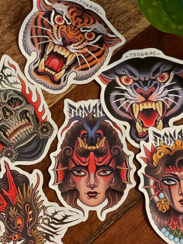 close-up of stiker pack by toni donaire, printed in high detail on glossy vinyl