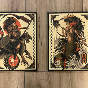 Two framed fantasy art prints with mythological women, printed on textured watercolor paper.
