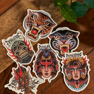 Set of six stickers by Toni Donaire, including tiger, skull, dragon, panther and mystic female characters