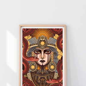 Framed Costa Rica digital print – striking woman with red snakes and golden details, fine art print on cotton paper.