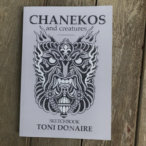 Cover of the CHANKEOS Sketchbook 2024 – a curated collection of Toni Donaire’s latest tattoo designs, featuring a bold black and white creature illustration on soft-touch paper.