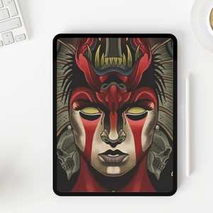 Girl and Demon art print displayed on an iPad screen.
