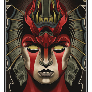 Girl & Demon digital print. Female and demon face, red and black